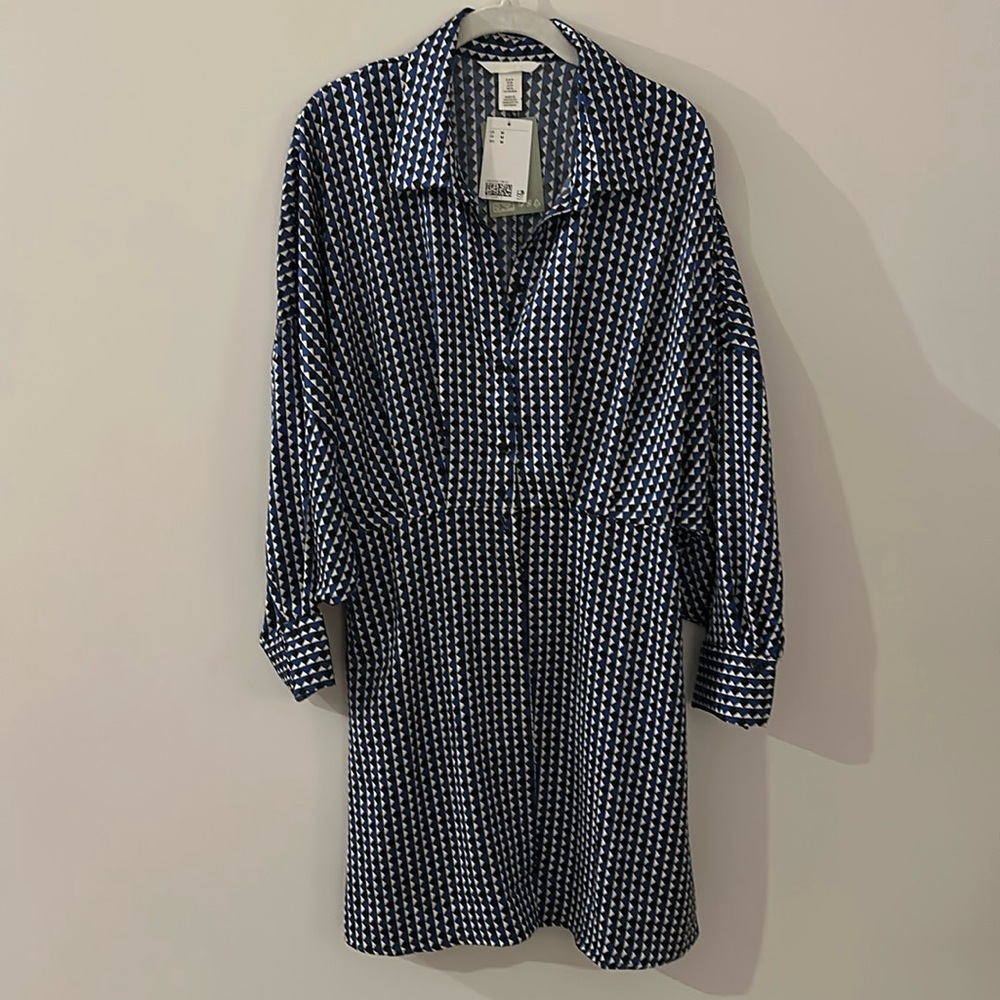 NWT H&M Dress Navy White Patterned Shirt Dress Buttons Long Sleeve